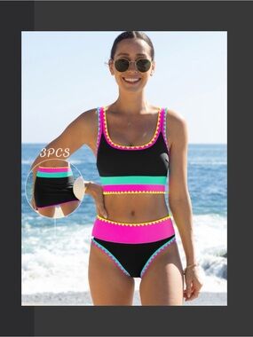 Popvil Women’s Black Colorblock High-Waist Bikini with Pink & Turquoise Trim